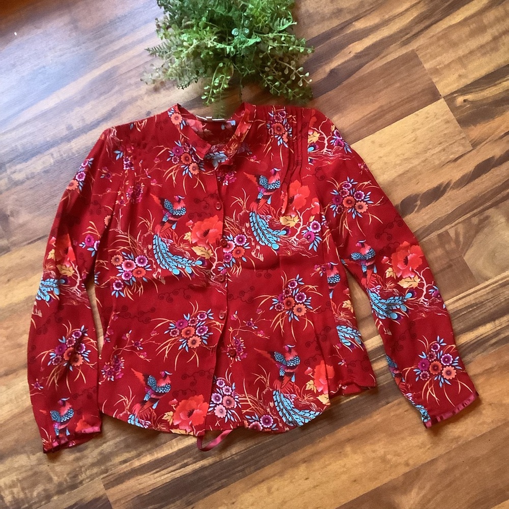 Monterey Bay Petite XS Long Sleeve Red Floral Bird Print Shirt